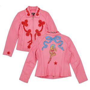 Vintage Western Leather Jacket Pink Cowgirl Biker Rockabilly Boho Size Medium